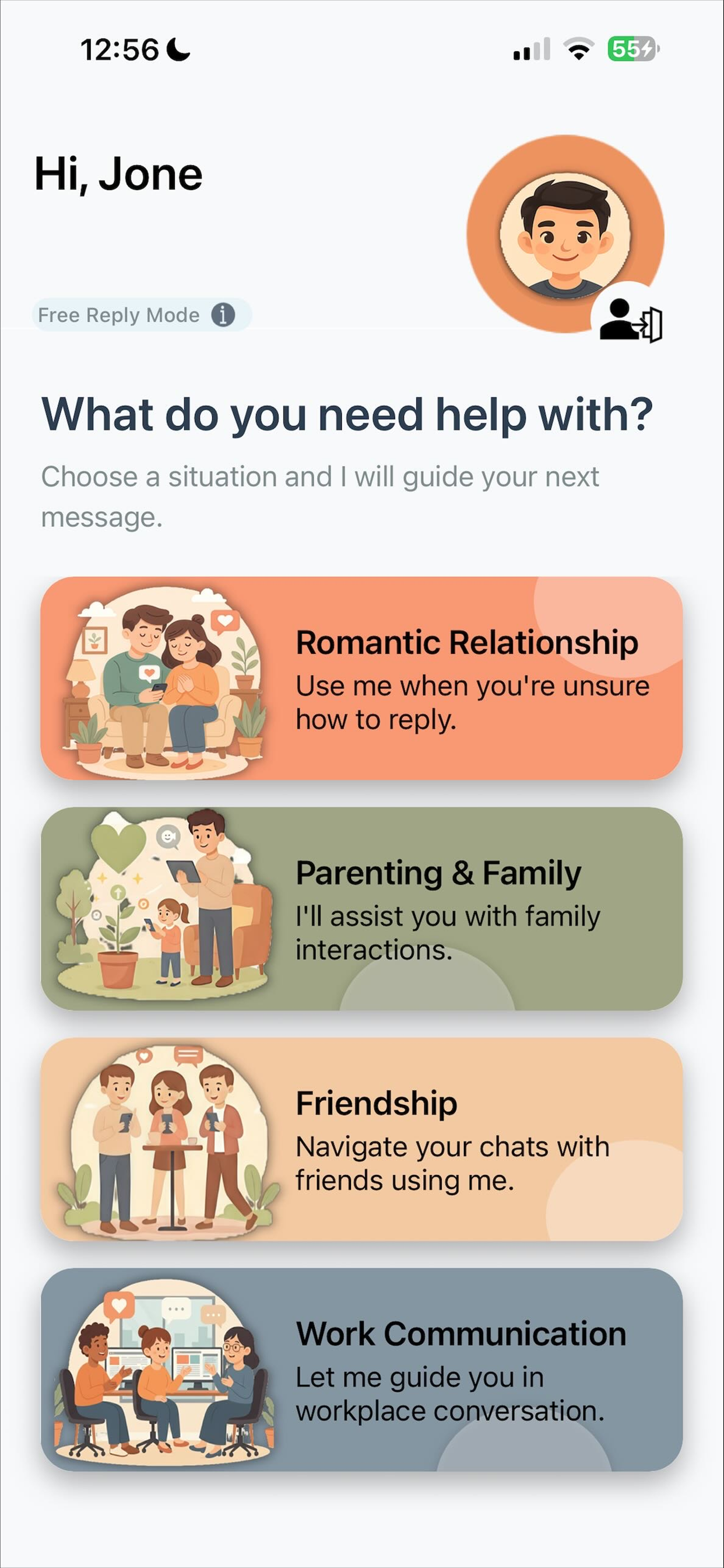 Emotional Chat Coach scenario selection screen